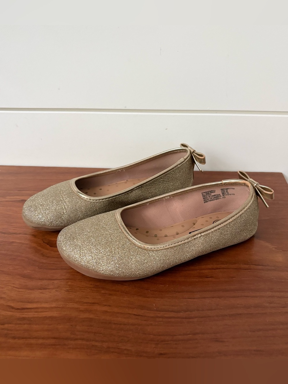 Girls Gold Glitter Bow Slip-On Memory Foam Ballet Flats Shoes Size 12 Fancy
